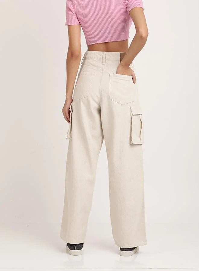 Take Two Off White Women Relaxed Fit High-Rise Pure Cotton Cargo Jeans for Women | Best Price UAE